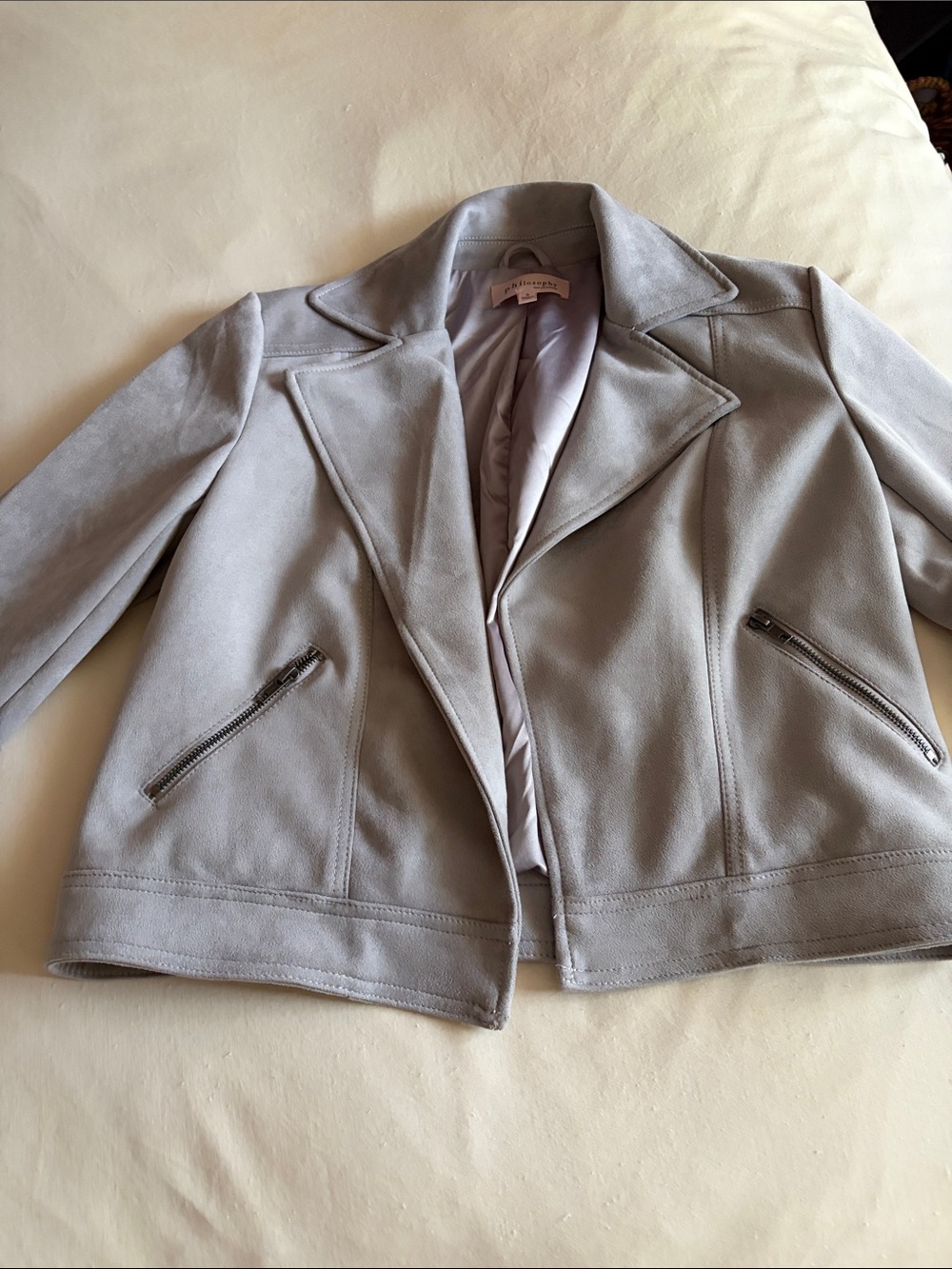 Philosophy Light Gray Suede-Look Moto Jacket